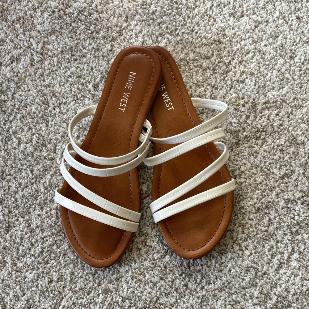 Nine West White Strappy Slide Sandals with Brown Footbed